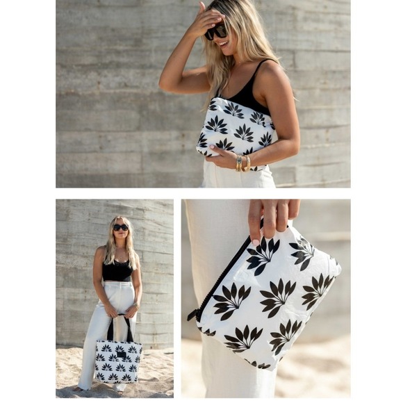 ALOHA Collection 2-pc Black Leaf Print Tote Bag & Pouch Set Mediterranean Muse - Picture 2 of 14